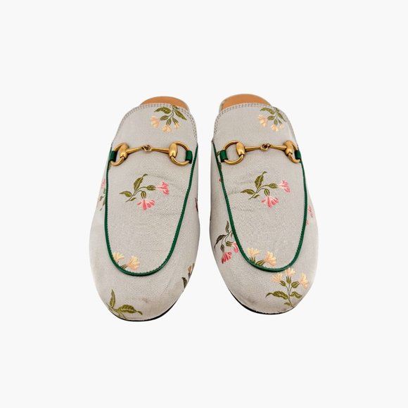 Gucci Princetown Horsebit Loafer Mule EU 39 US 9 Green Floral Embroidered Flat - Picture 2 of 12